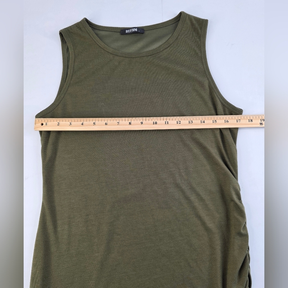 BTFBM Crew Neck Dress Ruched Sleeveless Tank Bodycon Size L Olive E-2638 - Picture 8 of 11